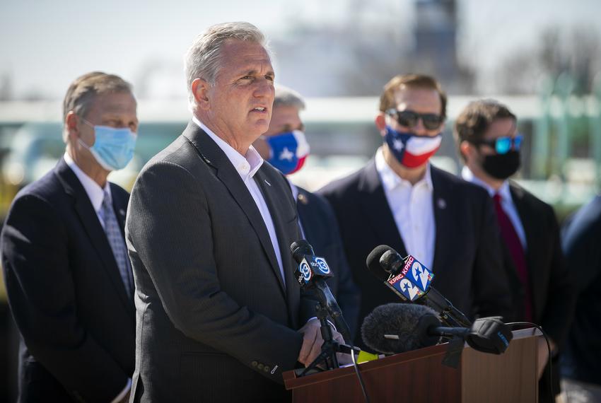 House Minority Leader Kevin McCarthy speaks at a press conference at the Houston Ship Channel on Feb. 2, 2021. McCarthy and other politicians joined Texas oil and gas executives to appeal to President Joe Biden to visit Texas.